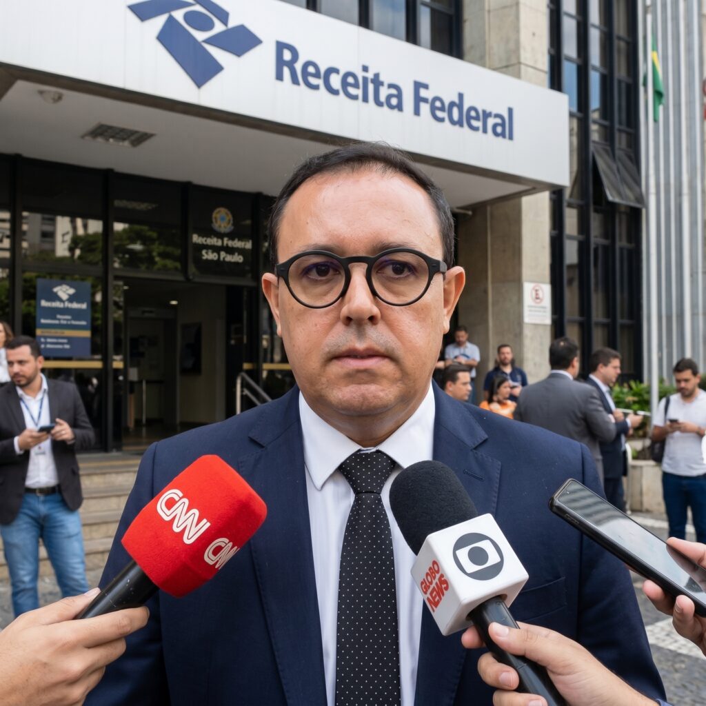 Dr. André Barboza concedendo entrevista à CNN Brasil e GloboNews em frente à Receita Federal
